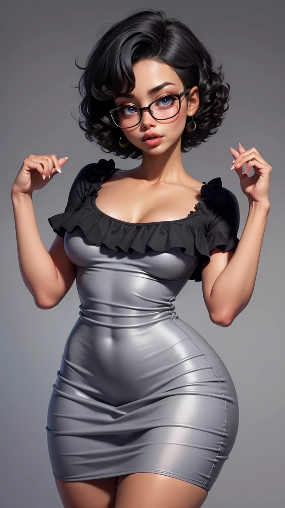 Young woman, nerd glasses, small breasts, short hair, black skin, dark brown skin, curly hair, upper body, cute dress, flat gray color for background