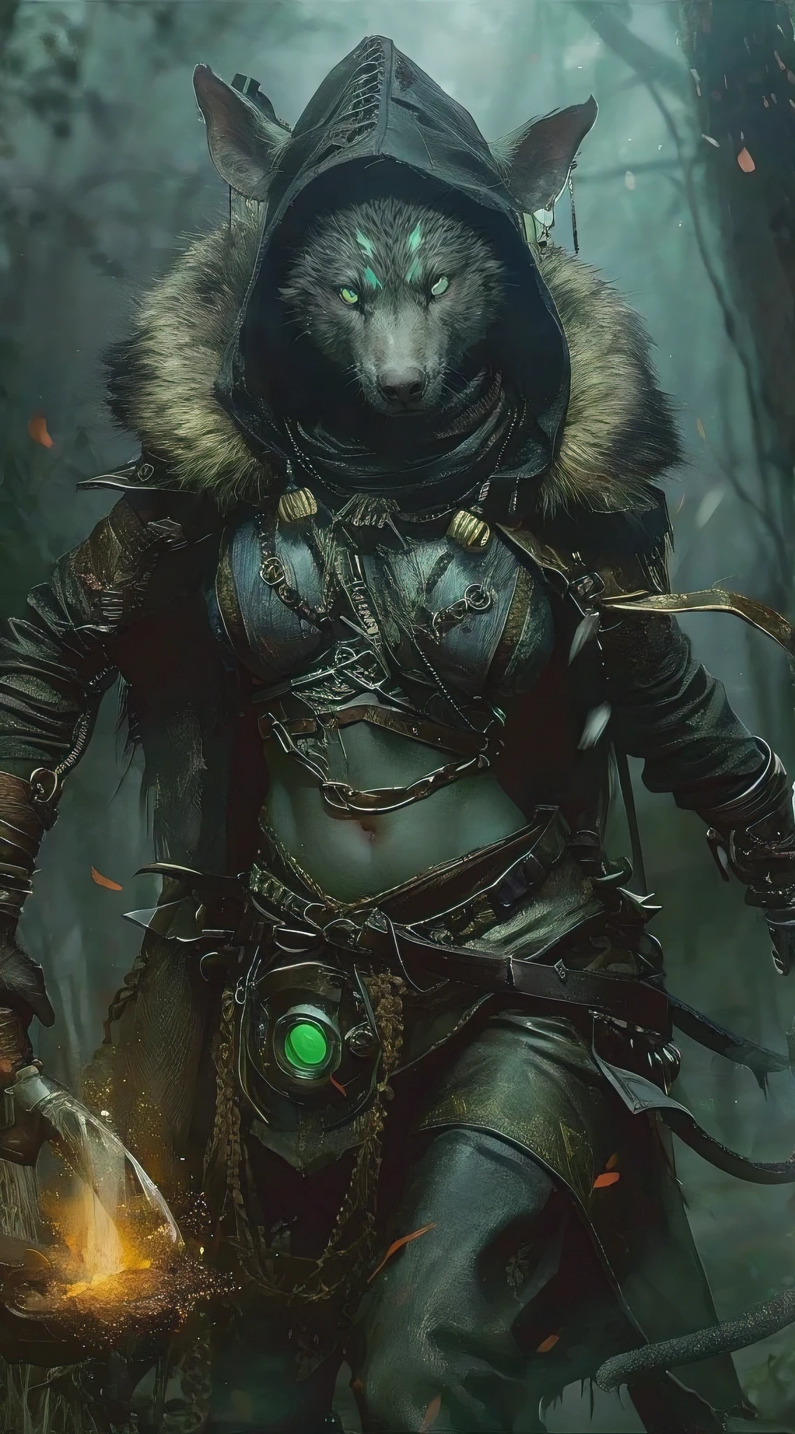 fur-covered tribal jungle native female skaven ratwoman, wolf-like, furry, fur paint, furry body, dark fantasy, jungle tribe, fantasy, cinematic, warm, minimal clothing