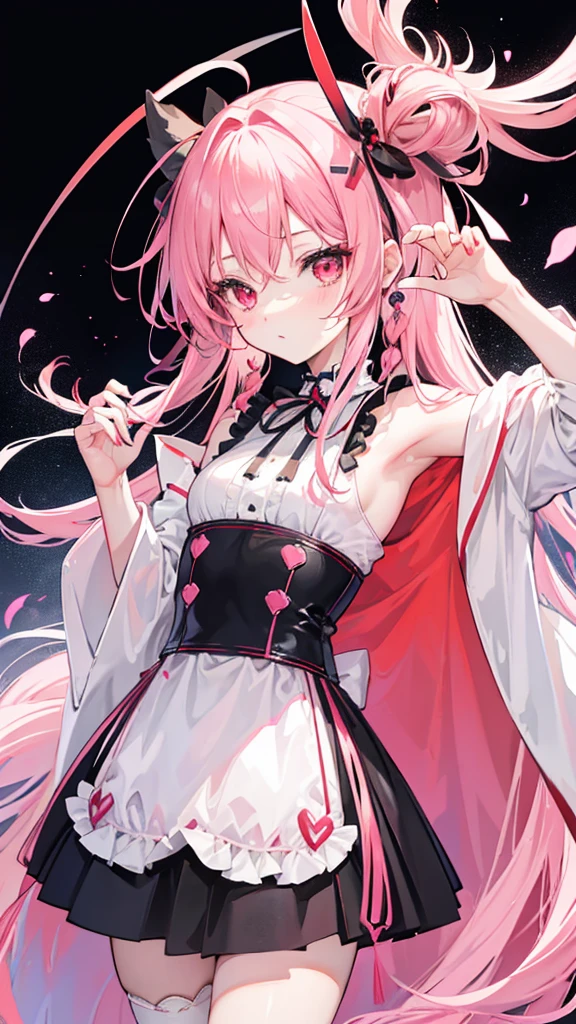 Inori was a beautiful girl with light pink hair that changes to hot pink and is tied into braids, she tied her hair with two tubes and had a small red barrette on the left side of her face. Inori had red eyes, was about 166 cm tall, and had small glossy lips. She had a very slender figure. She also wears a long black dress with white lining at the bottom and red ribbons at the bottom.