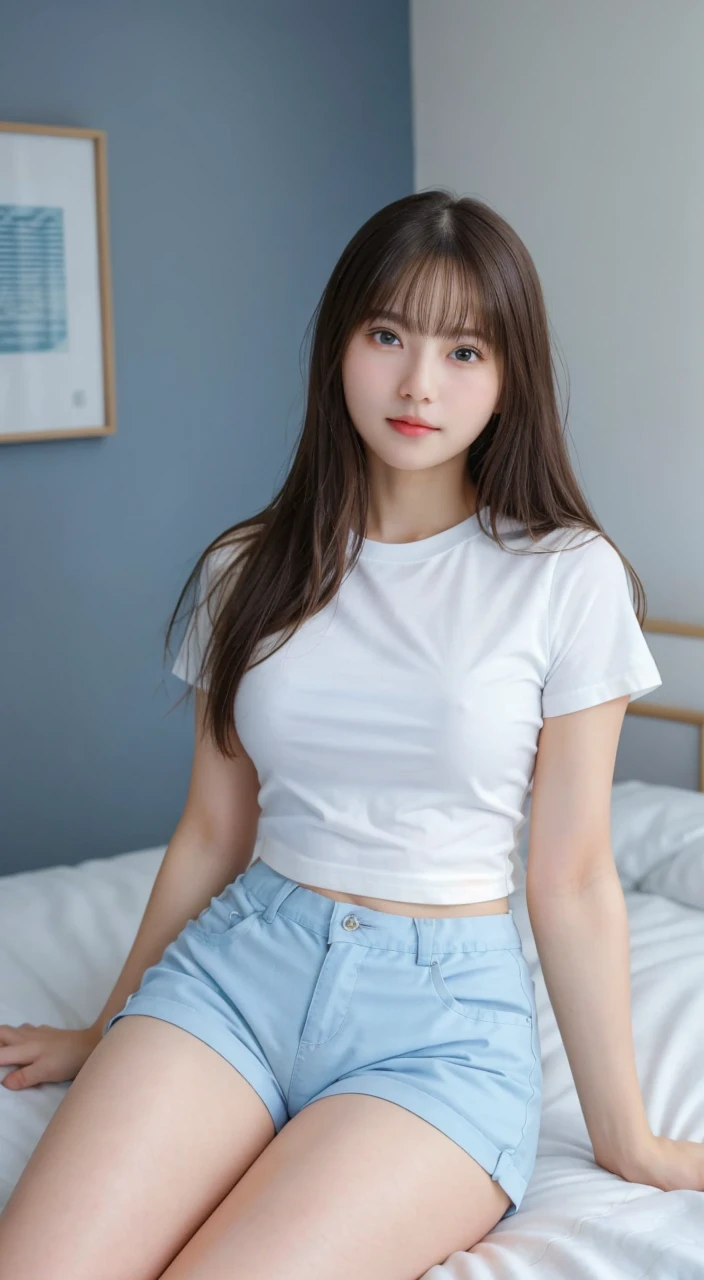 (top-quality,masterpiece:1.3,超A high resolution,),(ultra-detailliert,Caustics),(Photorealsitic:1.4,RAW shooting,)Ultra-realistic capture,A highly detailed,High resolution 16K human skin close-up。 Skin texture is natural、,The pores are、Must be detailed enough to be easy to identify。 Skin should look healthy with even tones。 Use natural light and color, Gorgeus Girl, Beautiful, Baby Face, 20 Years Old, White Skin, Beside, Sexy Pose, white t-shirt, Blue Eye, Bokeh, bedroom Background, Masterpiece, Fullbody Shot, short pants,