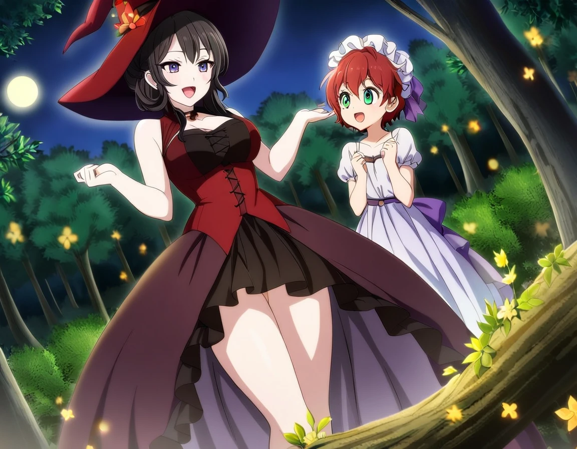 2girls, A beatiful mature pale dark haired vampire lady looking at a red short haired sexy witch with teal eyes and a witch hat, outdoors, night, moon, good quality, in the woods