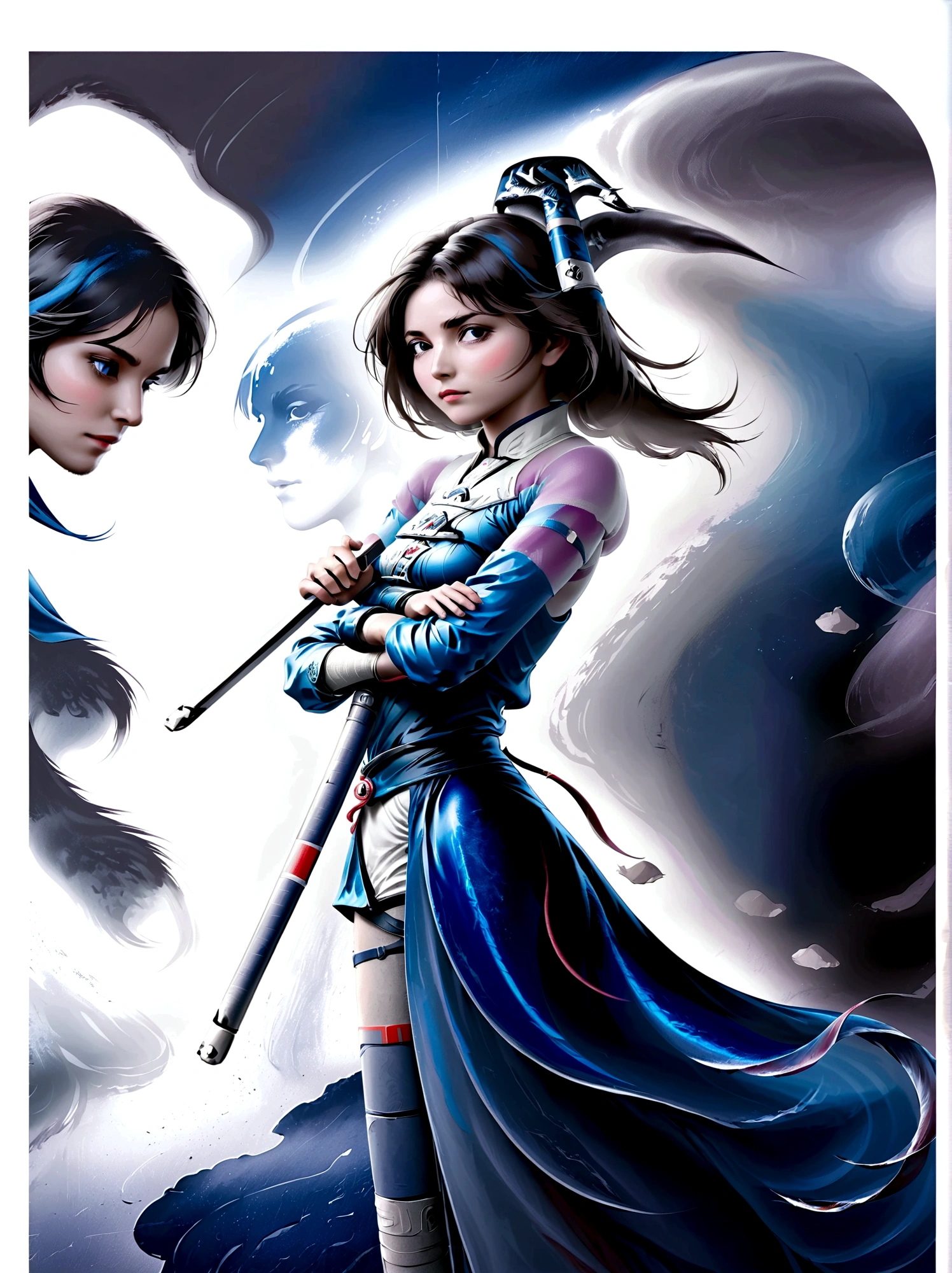 Artistic ink painting，Three-dimensional ink painting，Minimalism，Minimalist graphics，Minimal Art，Anime girl holding a sword，whole body，Chinese style，antiquity，Ink Painting，Blue robe，Black long hair，Black and white background，古韵White Space，White Space，大面积White Space，Texture Matte，Low saturation，Minimalist composition，Master composition