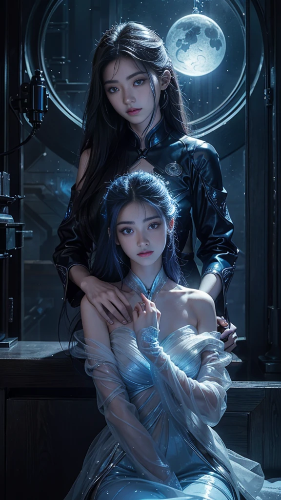 Full figure, seven -clinging shooting, 18 years old, wearing transparent science fiction clothes, exquisite faces, details, hands, ultimate details, amazing magnificence, LED internal lighting, Pedaipan style, fiber hair, glowing blue iris, glowing blue iris, sitting,
