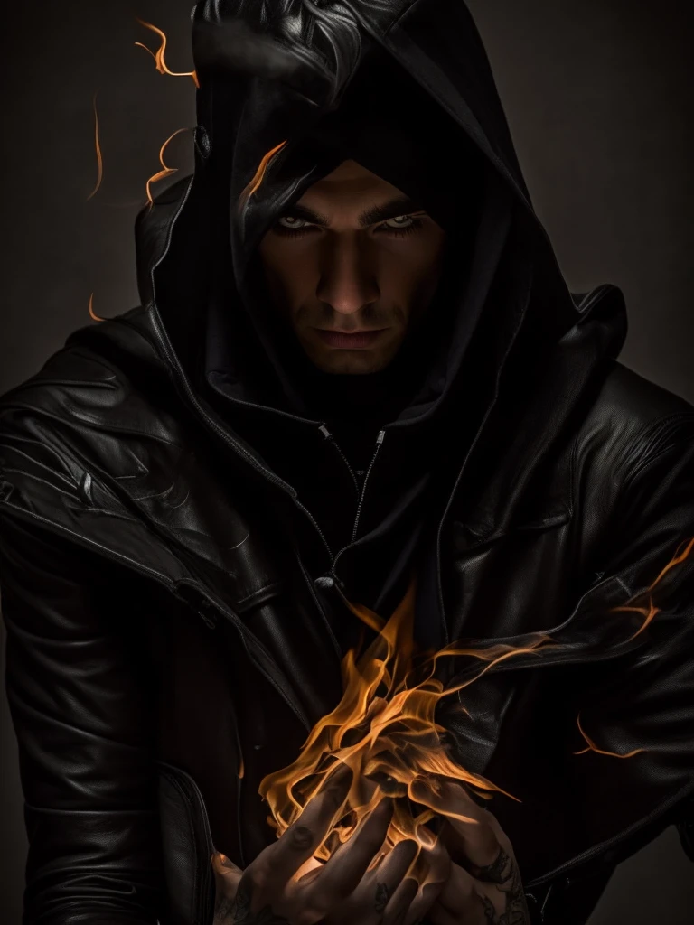 Man, in a hood, 30 old, leather jacket and black T-short, tattoos , with a bat in his hands, flame