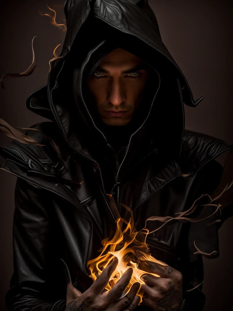 Man, in a hood, 30 old, leather jacket and black T-short, tattoos , with a bat in his hands, flame