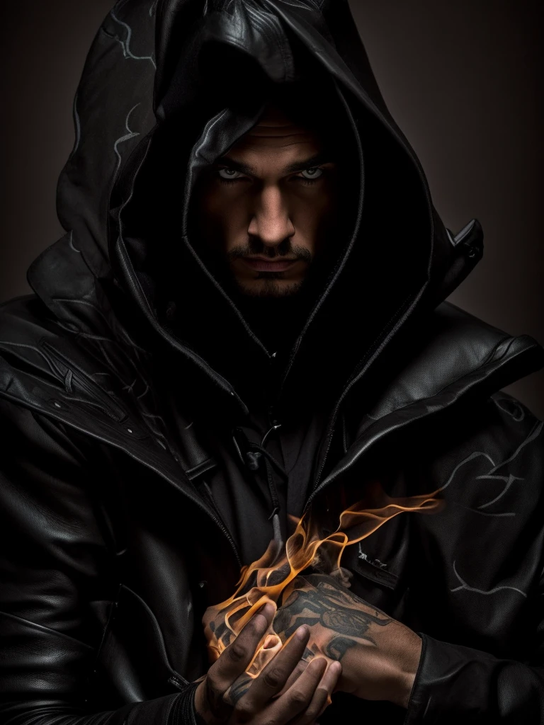 Man, in a hood, 30 old, leather jacket and black T-short, tattoos , with a bat in his hands, flame 