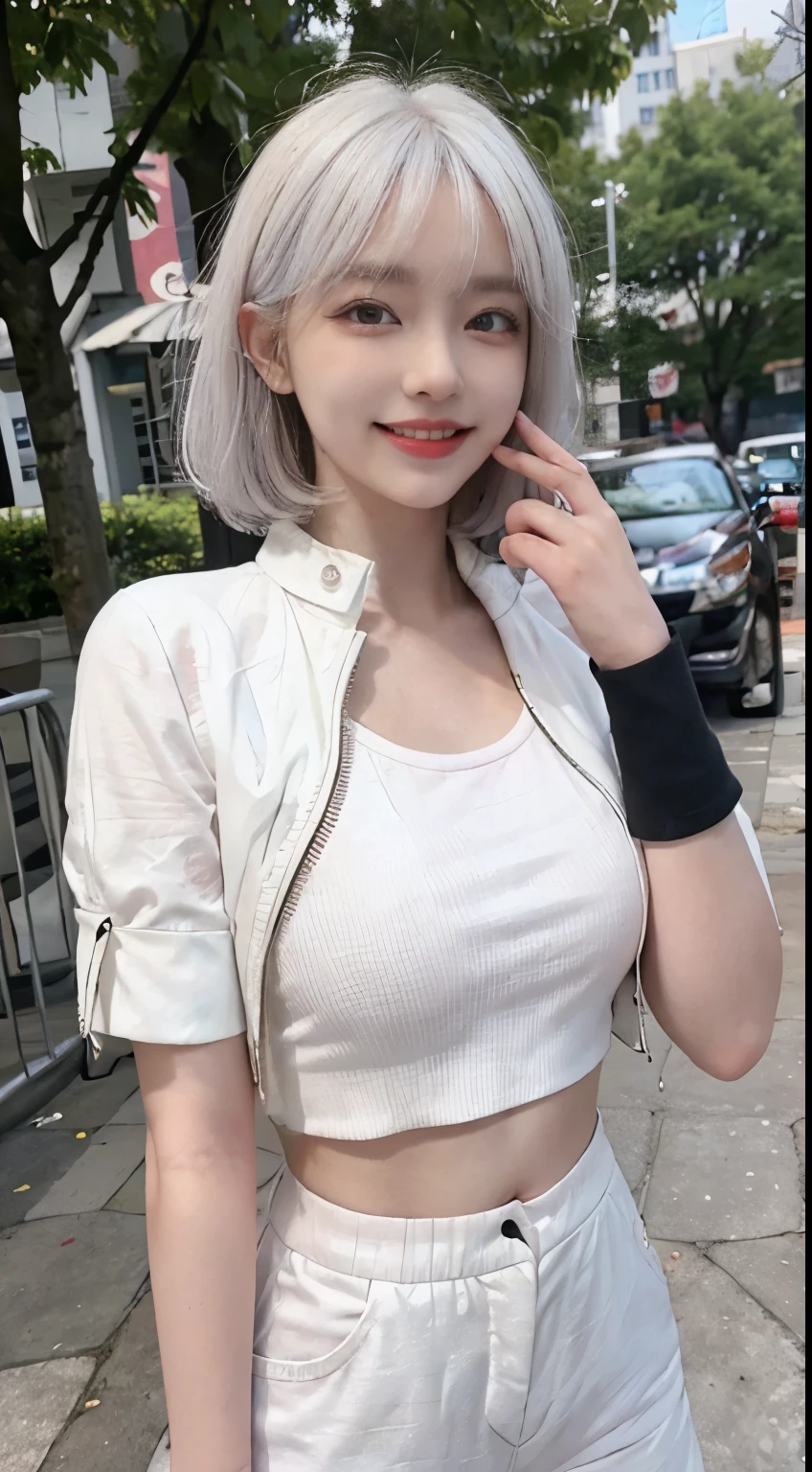 Best image quality、RAW Photos、超A high resolution、21 years old Korean、Small breasts、Dynamic Angle、Cowboy Shot、The most beautiful chaos、elegant、Brutalist Design、Vibrant colors、Beautiful white hair、Short Bob、smile、fun、smile、Glowing White Skin、Beautiful eyes with random colors、Very thin lips、Beautiful eyes in every detail、 Narrow eyes、Cheeks are pale pink、Eyelash length、Beautiful double eyelids、eye shadow、Bright white hair、Black cropped top、Short sleeve see-through jacket、transparent、Harem pants、Large park、Cafe、Shooting from the side、Selfie、The wind is blowing、Hair fluttering、Hand gestures