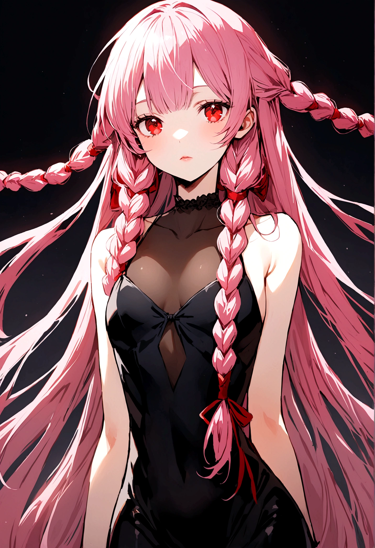 Inori was a beautiful girl with light pink hair that changes to hot pink and is tied into braids, she tied her hair with two tubes and had a small red barrette on the left side of her face. Inori had red eyes, was about 166 cm tall, and had small glossy lips. She had a very slender figure. She also wears a long black dress with white lining at the bottom and red ribbons at the bottom.