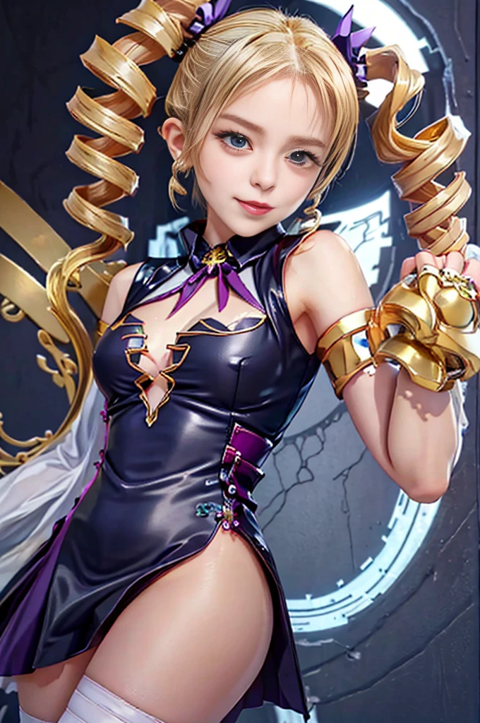 Highest quality　Masterpiece 8K　Super fine　Beautiful face one girl realistic　Two Arms　Five Fingers　Two Legs　((Super Drill Twintails))　Platinum Blonde Hair　Body　Plump　18-year-old　Shiny skin　Slit eyes　Thick makeup in Chinese style　Narrow eyes　Long eyelashes　Cao Cao　Warlene　Awkward gaze　　An inappropriate smile　Leather sleeveless outerwear　Transparent white lace inner　Purple hair ribbon decorated with a gold skull　slender　Super big breasts