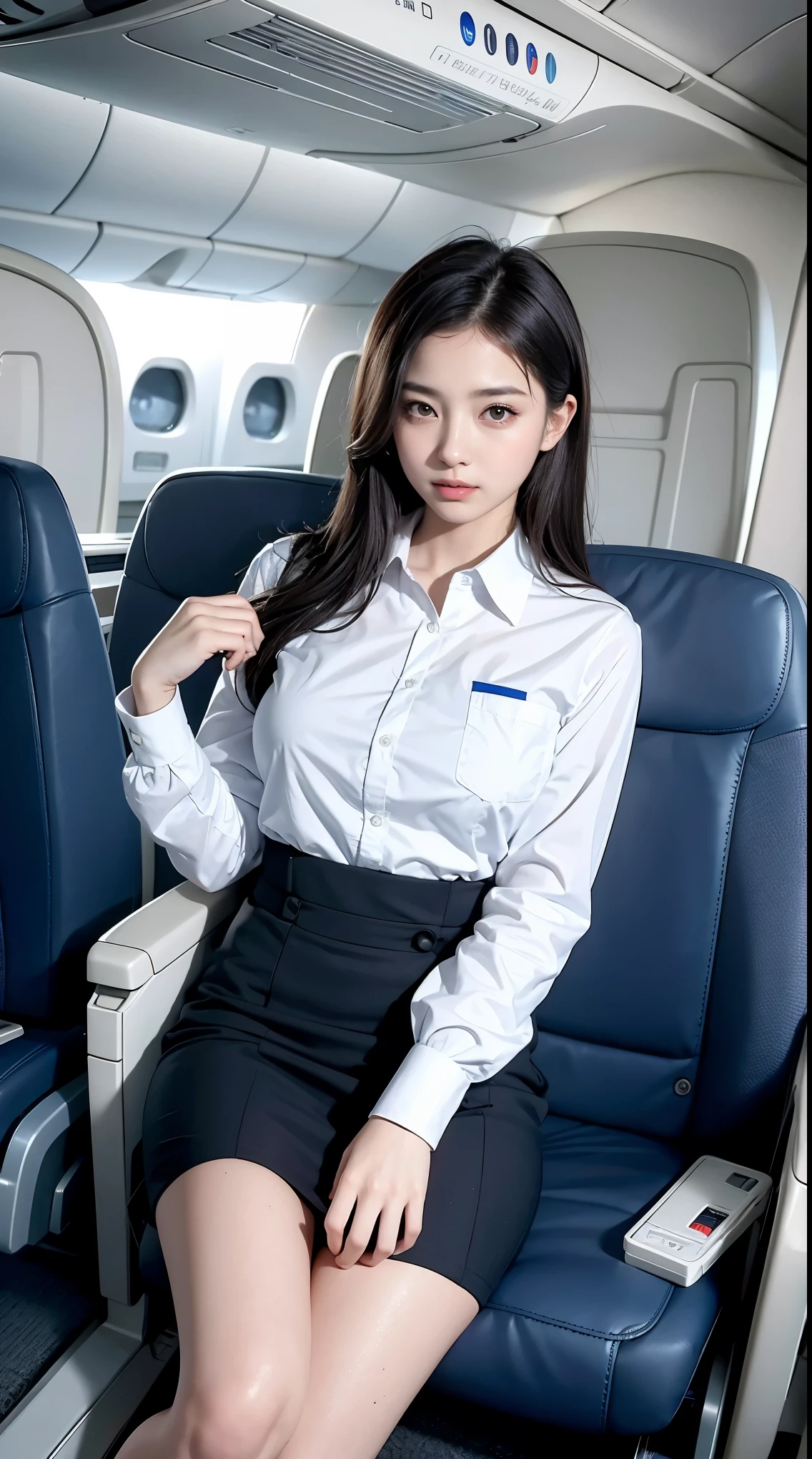 top quality, masterpiece, 8K, ultra high definition, (realistic: 1.4), 1 girl, beautiful face, symmetrical eyes, big, perfect body proportions, stewardess uniform, The beholder's gaze, (inside the airplane: 1.2), front view, shoulder jump, absolute area (1.3),