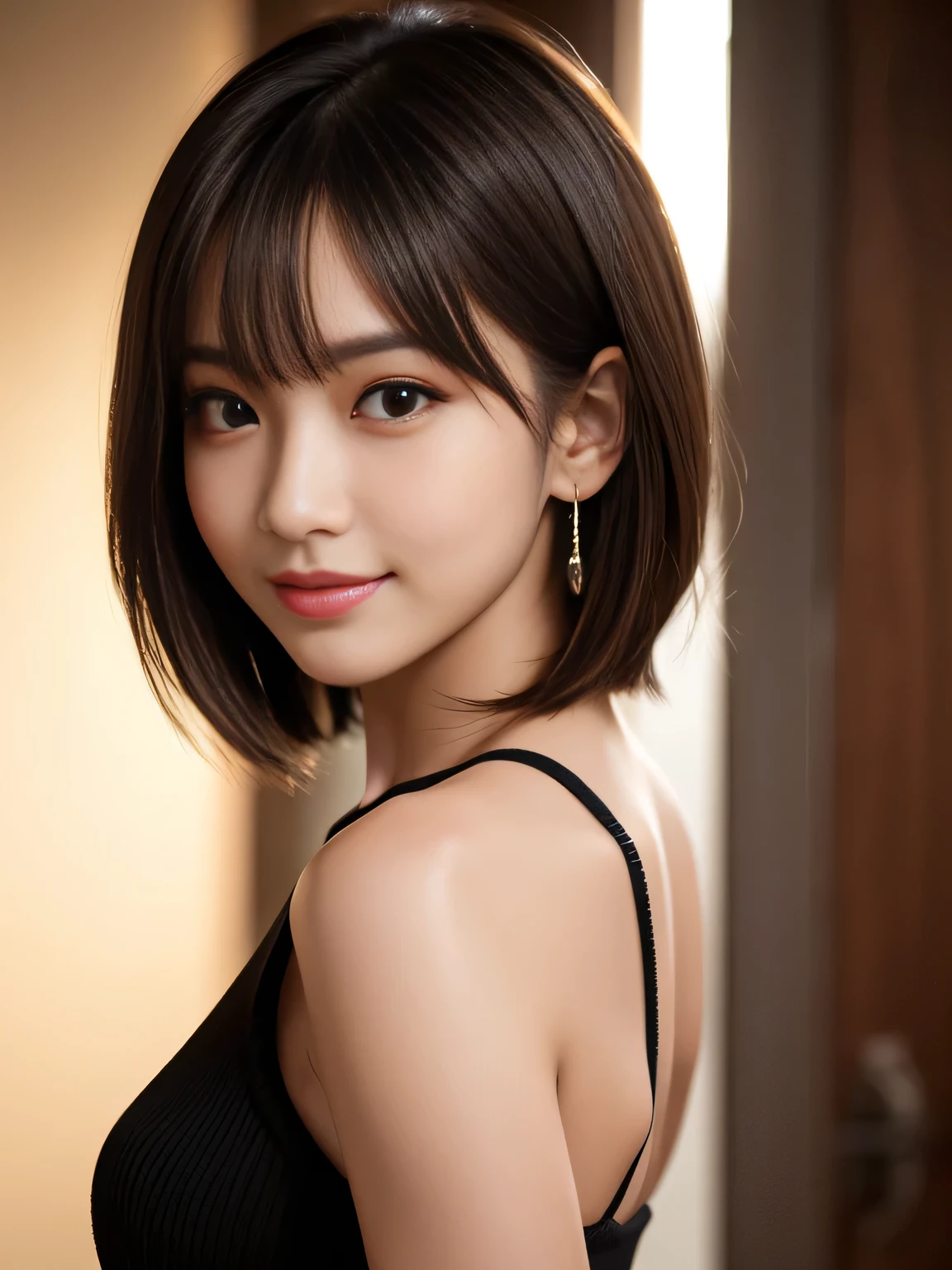 masterpiece, best quality, ultra-detailed, intricately detailed hyperdetailed, realistic, sharp features, highly detailed, sharp focus, 20 years old, Japanese,idol, perfect face, perfect face, perfect symmetrically perfect eyes, perfect full lips, flexible female form, film light, hyper detailed, hyper realistic, high resolution, vibrant, dynamic studio lighting, short hair, Brown Hair, Shoulder Length Layered, asymmetrical bangs, brown Eyes, (Impish Smile:1.2), cowboy shot, (black knit)