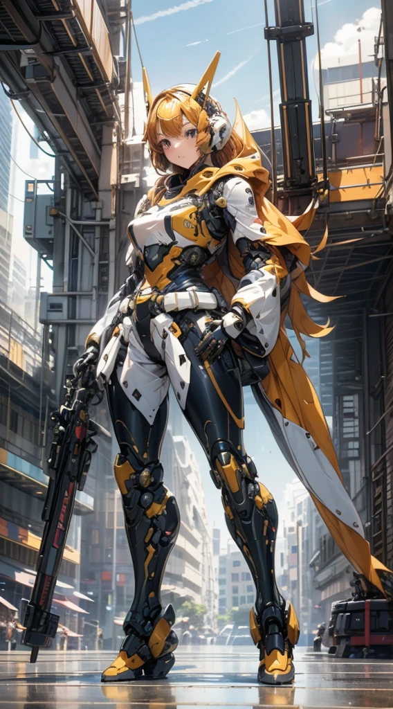 Girl standing in front of the mecha,Mech pilot,Rounded curves of the mecha,Mecha Background,Mechanical style background,Girl in tights standing in front of mecha,Cute mech,The girl in tights stands in front of the tall mecha,Behind the girl in tights is a mecha,Girl standing in front of the mecha,Girl standing in front of the mecha,Girl standing in front of the mecha,Mecha Background,The background is a mecha,Girl waist up close,Tilt view lens,Girl standing under the mecha