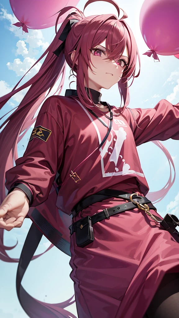 1man-boy- Male,dark pink hair long, Ponytail , best quality,masterpiece,extremley,pink eyes,male focus, Cold eyes, , wink, floating balloons leaves in background.