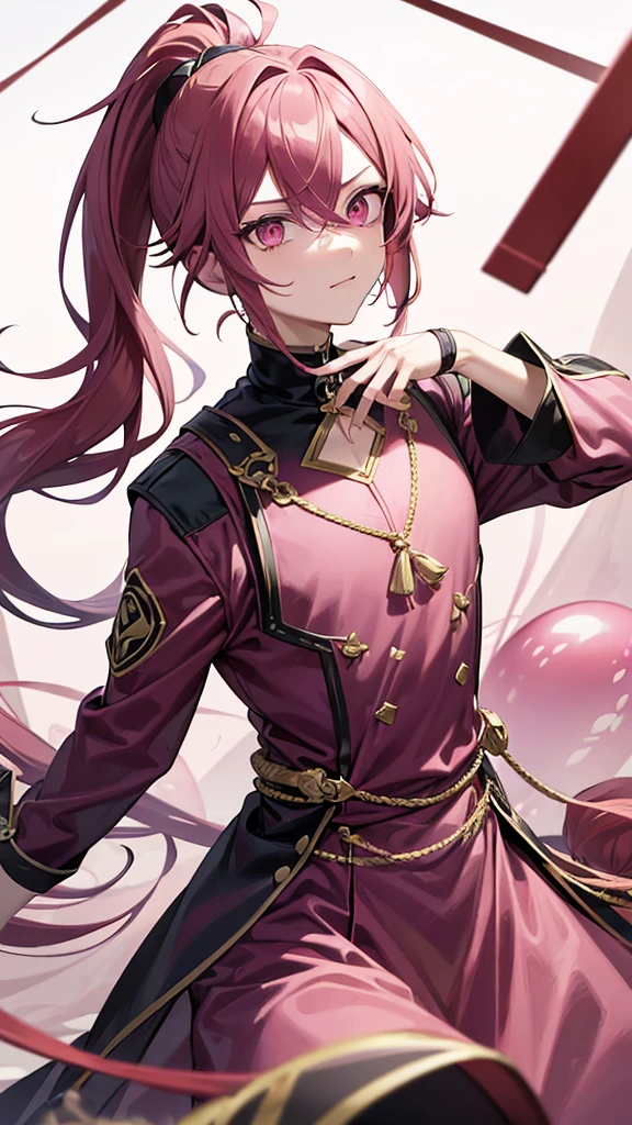 1man-boy- Male,dark pink hair long, Ponytail , best quality,masterpiece,extremley,pink eyes,male focus, Cold eyes, , wink, floating balloons leaves in background.