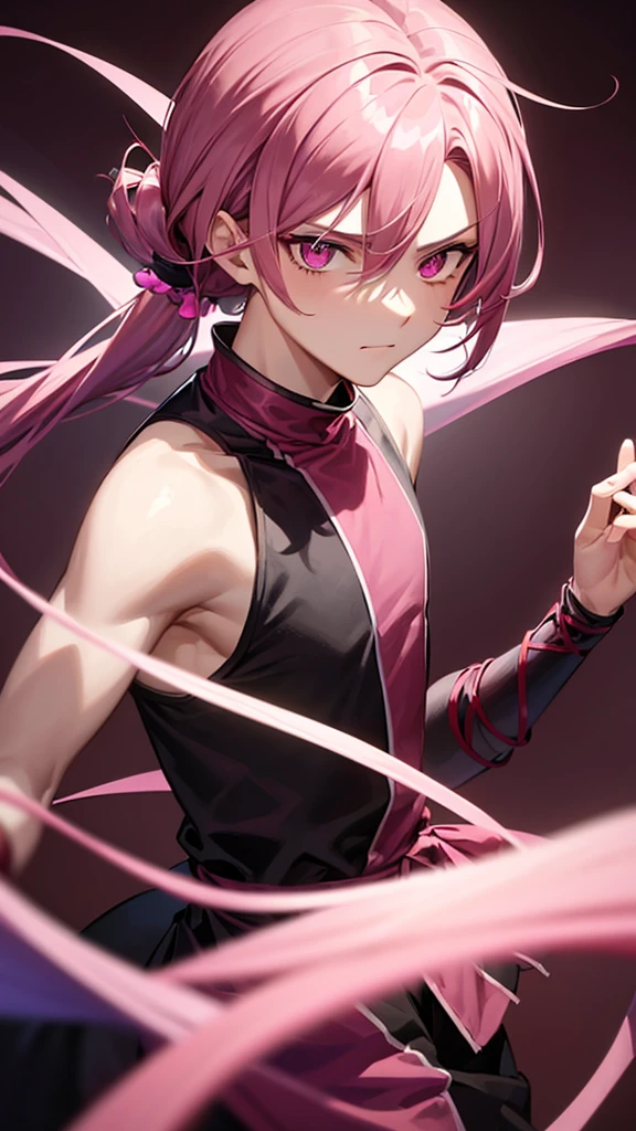 1man-boy- Male,dark pink hair long, Ponytail , best quality,masterpiece,extremley,pink eyes,male focus, Cold eyes, , wink, floating balloons leaves in background.