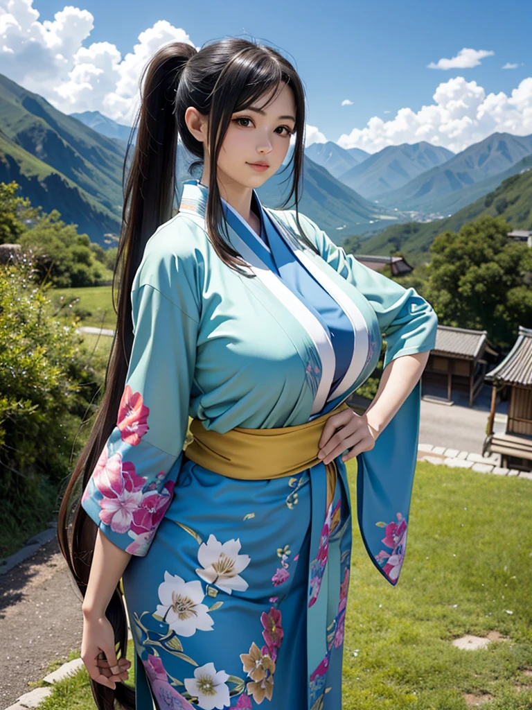 samus aran, kimono, village deep in mountains, fluttering hair, (long ponytail:1.2), long wavy hair, long curl hair, (huge tit:1.2), thick thighs, abdominal muscle, long eyelashes, eyeshadow, blush, gentle smile, upper body from below, hands on hip