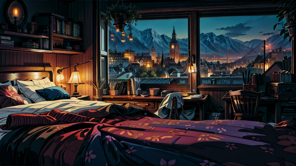Bedroom with city view, comfortable room, lovely room, Comfortable atmosphere, Comfortable and calm city apartment, realistic room, comfortable environment, Comfortable atmosphere, Warm home background, cozy wallpaper, In a cozy apartment, cozy place, Small but cozy student bedroom, Cozy night fireflies, Cyberpunk Bedroom, Dreamy atmosphere, Comfortable lighting, 4k HD,, Beautiful art UHD 4K, A beautiful artistic illustration, Beautiful digital painting, Highly detailed digital painting, Beautiful digital art work, Detailed painting 4k, Highly detailed digital painting, Rich and picturesque colors, Gorgeous numbers
