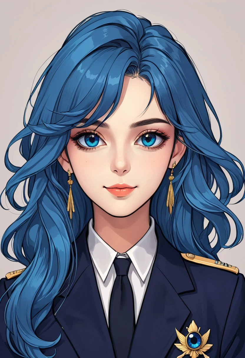 (Digital Illustration，Detailed anime style girl portrait，Solitary，symmetry)，(Big colorful eyes，Fashionable and exquisite facial features，Exquisite makeup，Smile，Soulful gaze，)，(Blue long hair，Beautiful hairstyle，Hairpin)，(Suit，Epaulettes，cool，)，Clean and simple background
