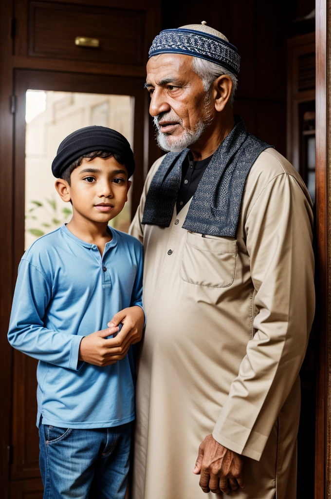 Muslim grandfather talking to his small grandson in house