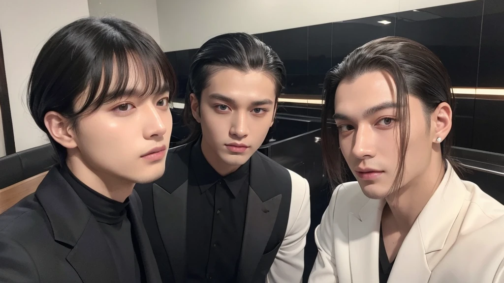 A selfie of a man with long bangs and a man with his hair slicked back。