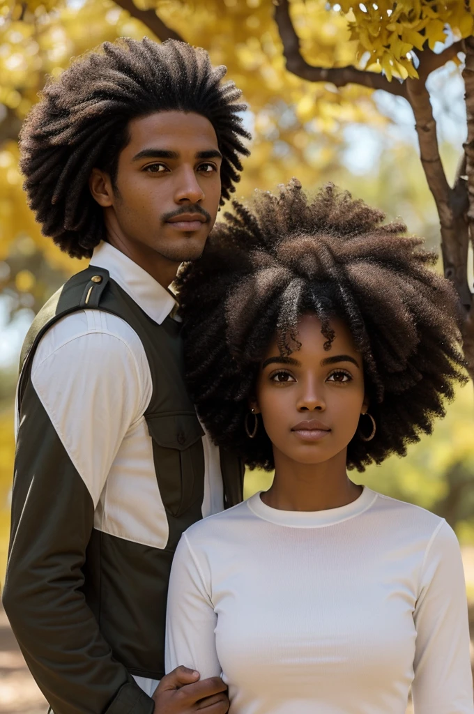 Pareja interracial, Getou, tomados de la mano, sonriente, Looking into each other's eyes, ((hombre de piel blanca, muy alto, Brown eyes, pelo corto militar, cabello rapado, pelo negro, Cuerpo musculoso)), ((mujer de piel oscura morena oscura, dark Brown eyes, pelo negro, Pelo RIZADO, Pelo afro, baja estatura)), ropa casual, Ginkgo trees in autumn, ((hombre blanco y mujer negra)), Obra maestra, gran calidad, hermoso