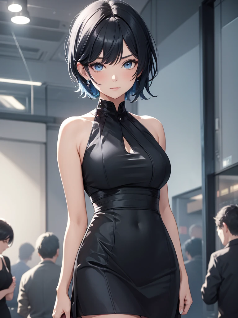 1women, wearing a black colour party frock, modern style plain black colour frock, at a night party, light blue short hair, light blue colour eyes, 8k, high detailed, high quality
