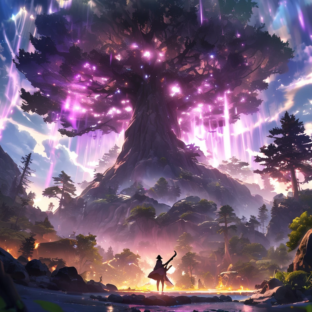 old tree, giant tree, spectacler, sky, paradise, aura, purple