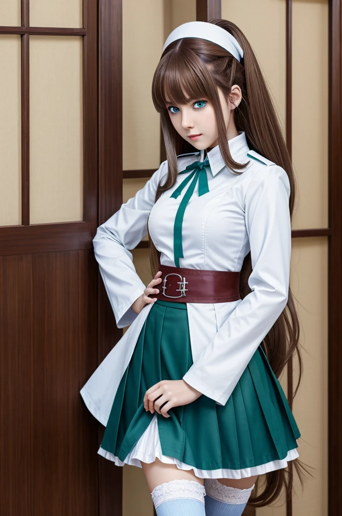demon slayer character capture light brown hair blue tips green eyes wears the pilar uniform with a skirt long white stockings white skin wearing cherry breath