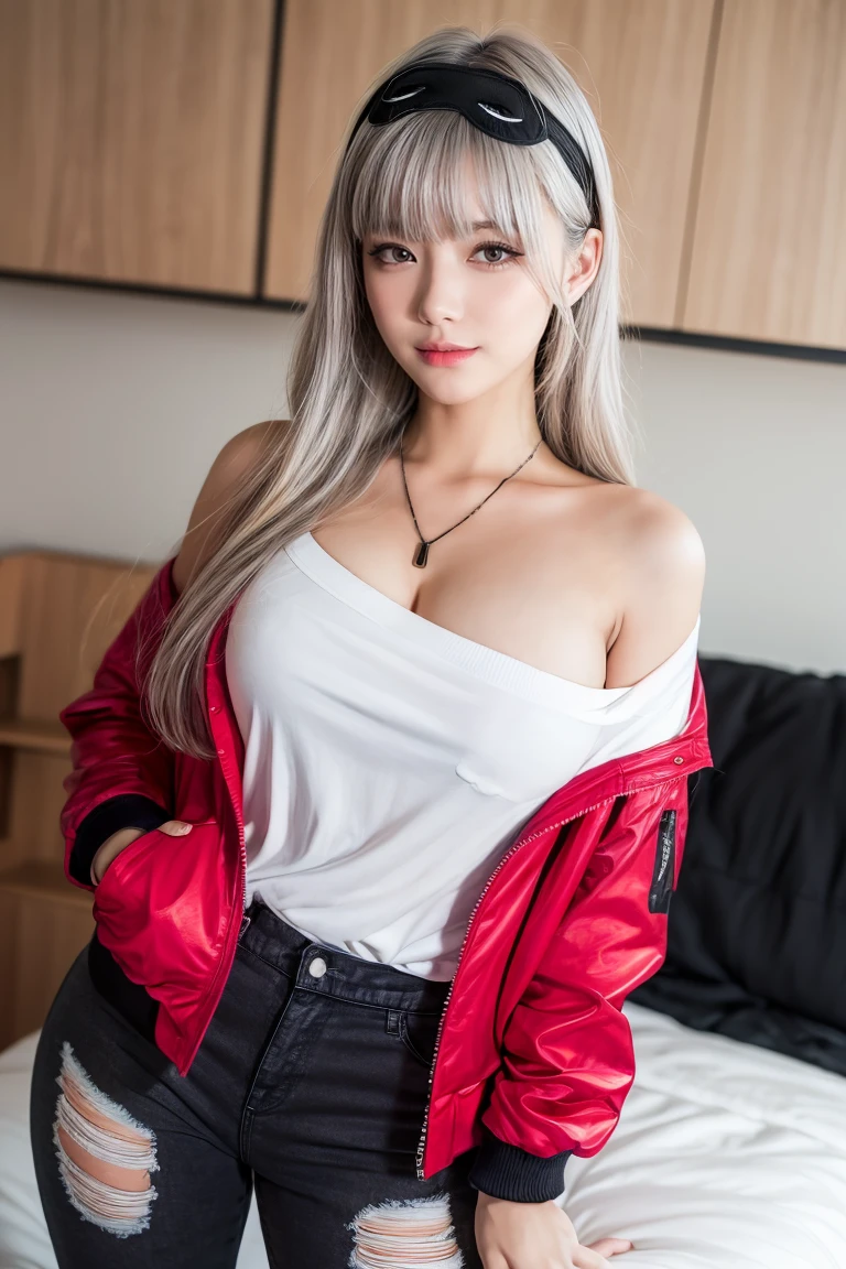 (masterpiece), (best quality), (ultra detailed),(illustration), (1girl),looking at viewer, (interview),beautiful detailed eyes, delicate beautiful face, Floating,(high saturation),(shining), large breast, frimadef, grey hair, white shirt, red jacket, fur trim, open clothes, off shoulder, black pants, torn pants, necklace, sleep mask, smiled