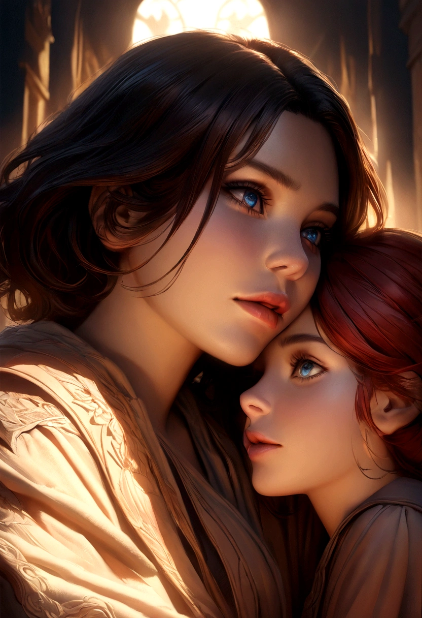 a beautiful young girl with short dark hair being hugged by her redheaded mother in the castle,detailed face and anatomy,beautiful detailed eyes,beautiful detailed lips,extremely detailed eyes and face,longeyelashes,fantasy art,cinematic lighting,dramatic shadows,golden hour,highly detailed,8k,photorealistic,masterpiece