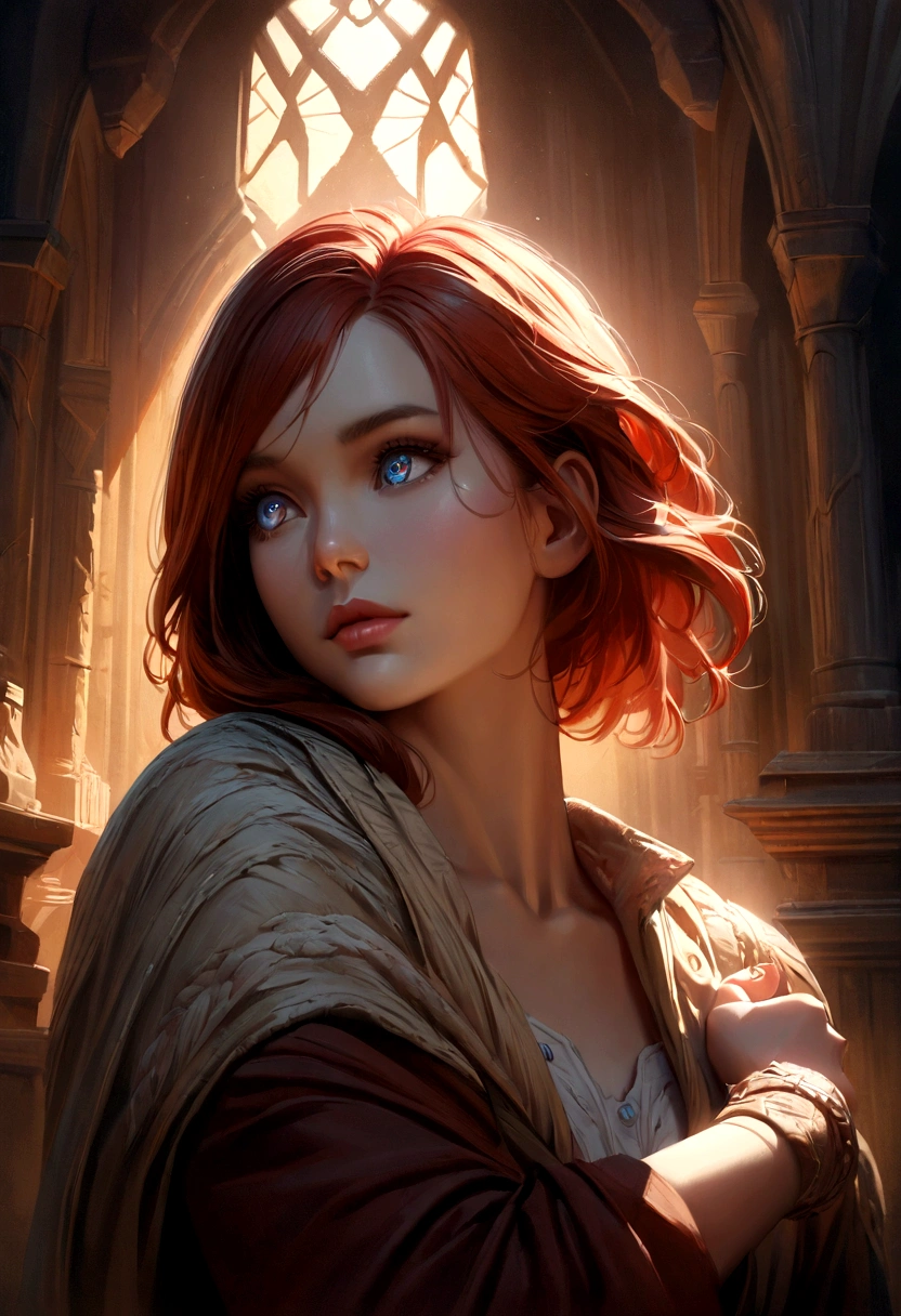 a beautiful young girl with short dark hair being hugged by her redheaded mother in the castle,detailed face and anatomy,beautiful detailed eyes,beautiful detailed lips,extremely detailed eyes and face,longeyelashes,fantasy art,cinematic lighting,dramatic shadows,golden hour,highly detailed,8k,photorealistic,masterpiece