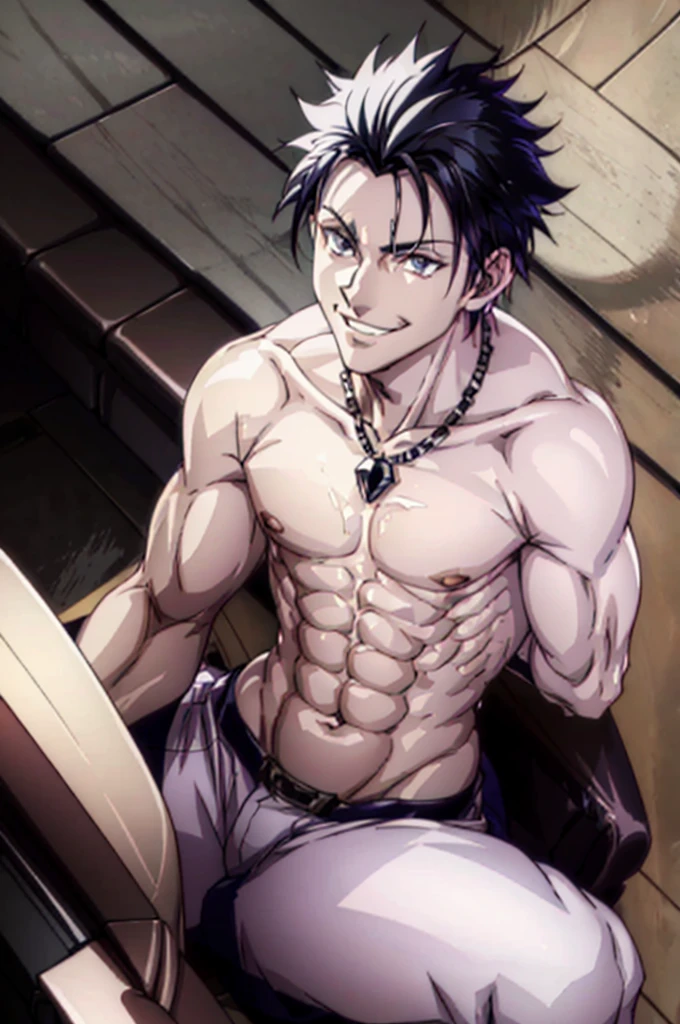 male, about 6’4, , sharp jawline, muscular build, pale skin, dark blue eyes, messy half black hair, half white hair, shirtless, necklace, in office, sitting in chair, leaning back, undoing pants, smiling, night time, looking down, angle from under desk