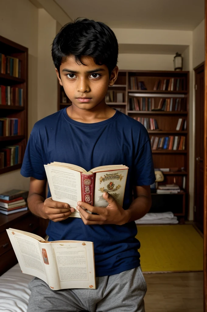 A Indian boy reading a horror novel Book and have expression of dairing in his room and room is attractive and full of books
