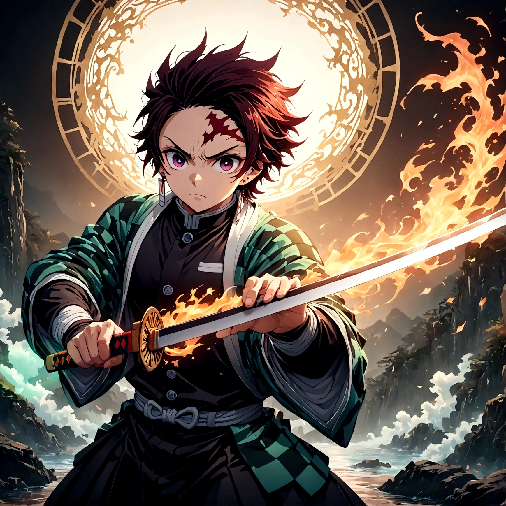 Fixes,刀をFixesする,Structurally correct,(1 male,tanjiro kamado,Demon slayer,Tanjiro Costume),Tanjiro has a sword,Anatomically correct,Sword fighting style,Serious expression,Desperate look,Betting everything on the next blow,Dynamic pose,At the time of the decisive battle,(Create an artistic background,(Use gold leaf),Water and fire effects,Beautiful light and shadow,Body Ogata Style),Wave pattern,artwork,rendering,Dynamic pose,(masterpiece:1.3),(highest quality:1.4),(Very detailed:1.5),High resolution,Very detailed,unity 8k wallpaper,Dark fantasy,Intricate details,Tension,Glare,force,Decadent elements,fighting spirit,energy,break,(The sword used was a Japanese sword..,Japanese swords are straight and have a metallic luster...,Please hold the handle of the Japanese sword.,Structurally correct,Beauty like a Japanese sword,The appropriate length for a sword.,(Water effect around the sword: Japanese Wave pattern)),break,Perfect Anatomy