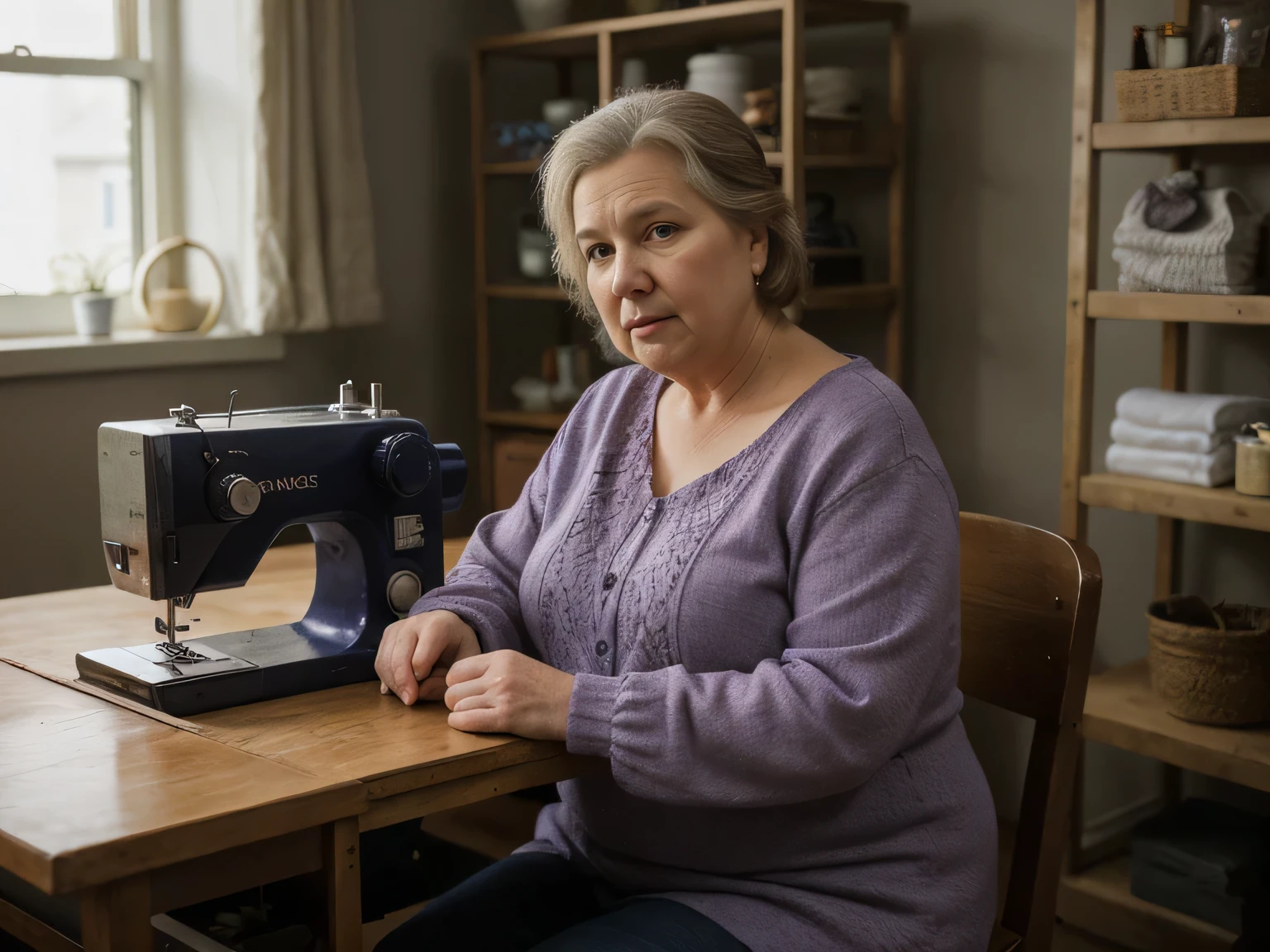 a wrinkled, overweight elderly caucasian woman in her 80s, wearing purple clothing, sitting inside her sewing shop in a pacific northwest town, masterpiece, hyper realistic, ultra detailed, 8k, photorealistic, professional lighting, dramatic cinematic lighting, warm color tones, intricate folds and textures of clothing, extremely detailed facial features and wrinkles, delicate hands, sewing machine and fabrics in the background, cozy and homey interior of the shop, hyperrealsitic
