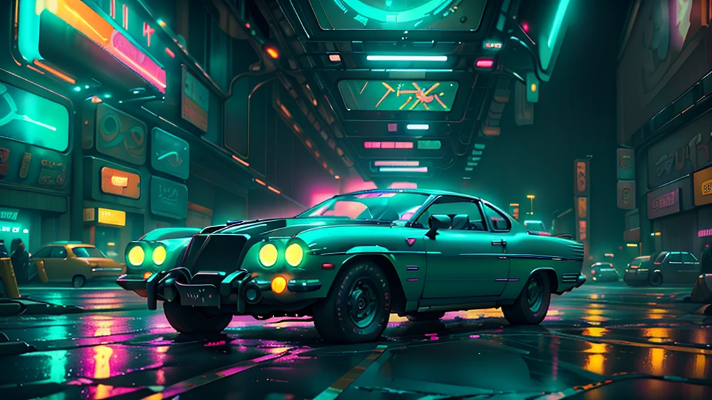 Cool chic car on a wet road. , neon lights, neon, retrowave, club,,,, in love Hemp, colorful, wallpaper, energy, secret, magical environment, omniscience, prediction of the future, understanding the past, frost magic, --v 6