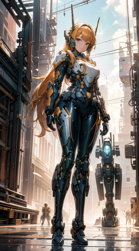 Girl standing in front of the mecha,Mech pilot,Rounded curves of the mecha,Mecha Background,Mechanical style background,Girl in tights standing in front of mecha,Girl standing in front of a mecha,Behind the girl is a huge mecha,The girl in tights stands in front of the tall mecha,Behind the girl in tights is a mecha,Girl standing in front of the mecha,Girl standing in front of the mecha,Girl standing in front of the mecha,Mecha Background,The background is a mecha,Girl waist up close,Tilt view lens,Girl standing under the mecha