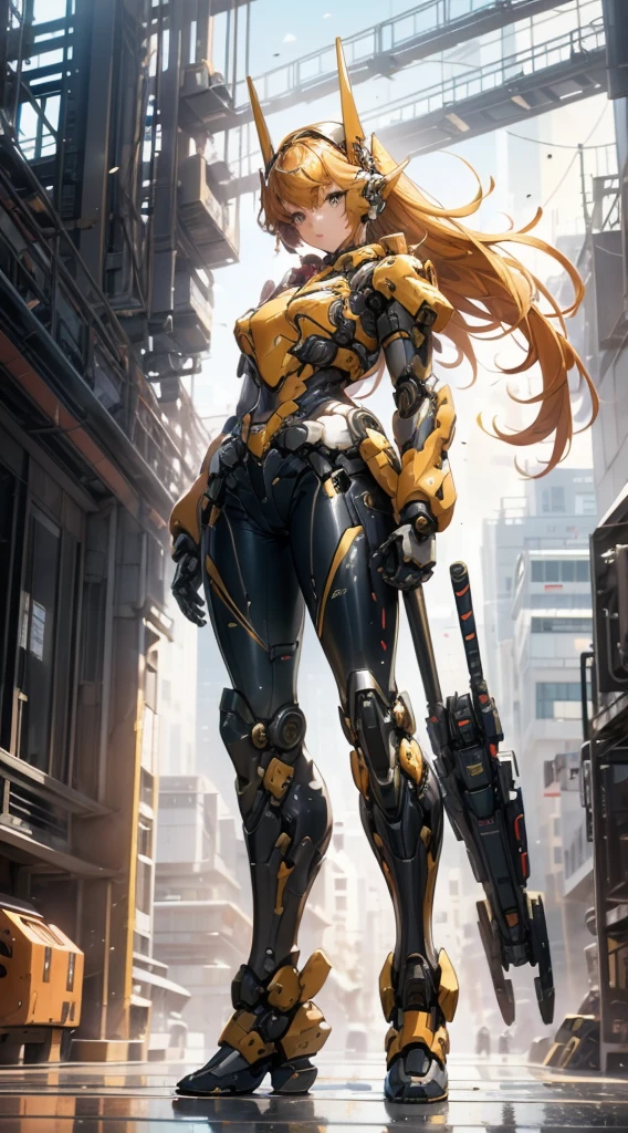 Girl standing in front of the mecha，Mech pilot，Rounded curves of the mecha，Mecha Background，Mechanical style background，Girl in tights standing in front of mecha，Girl standing in front of a mecha，Behind the girl is a huge mecha，The girl in tights stands in front of the tall mecha，Behind the girl in tights is a mecha，Girl standing in front of the mecha，Girl standing in front of the mecha，Girl standing in front of the mecha，Mecha Background，The background is a mecha，Girl waist up close，Tilt view lens，Girl standing under the mecha