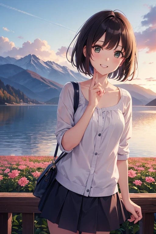 (Highest quality,4K,8k,High resolution,masterpiece:1.2),  ((Highest quality)), ((masterpiece)), (detailed), (((Perfect Face))),Cowboy Shot  ,超detailed, 

katou megumi、光沢のある茶色のhair, short hair, Beautiful brown eyes、smile、Sparkling eyes, (Fine grain)、超detailedな目、非常にdetailedな顔, 非常にdetailedな目,

 One Girl, autumn, autumn_Sheet, stripe, Beach, green_heaven, red面, chest, Marchrom_hair, Closed_Boca, nuvin,  cloudy_heaven, clavicle, teeth, wear, Field, flower, flower_Field, horizon, lake, Sheet, looking for_in_ Audience, Mountain, Mountain岳地帯_horizon, March, Outdoor, palm_wood, flower弁, plant, red_flower, short_hair, skirt_all, heaven, With a smile, 一人in, Are standing, sunset, wood, Twilight, water, red_wear, Perfect Eyes