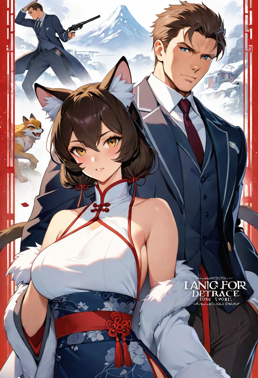 movie poster, movie artwork, concept art of love, romance novel cover, highres, top quality, best quality, perfect artwork, absurdres, perfect anatomy(couple, young 1male detective, 1woman in Chinese dress)(furry, kemono, anthro))with some elements of 007, battle,