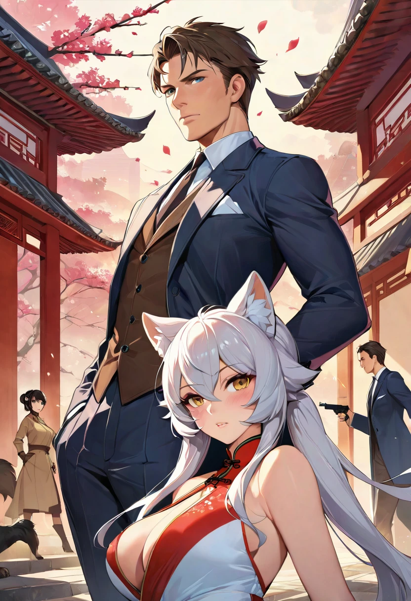 movie poster, movie artwork, concept art of love, romance novel cover, highres, top quality, best quality, perfect artwork, absurdres, perfect anatomy(couple, young 1male detective, 1woman in Chinese dress)(furry, kemono, anthro))with some elements of 007, battle,