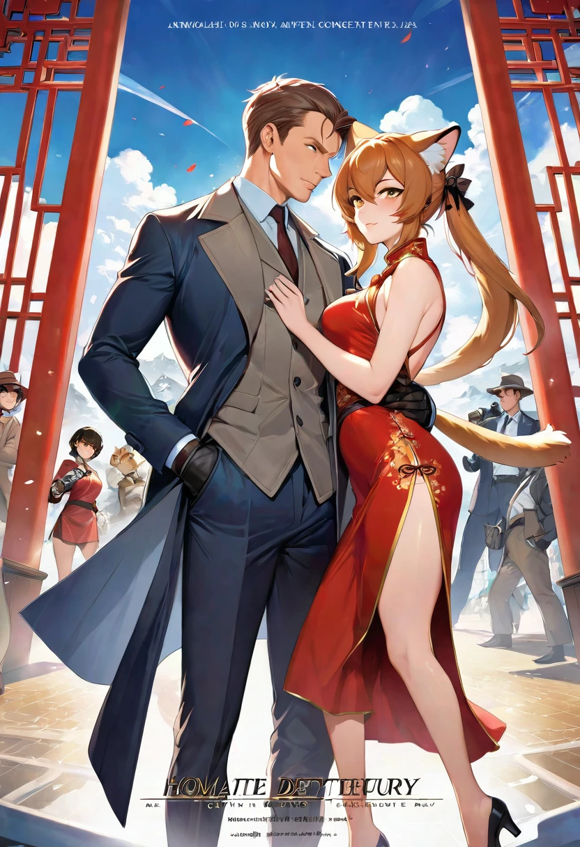 movie poster, movie artwork, concept art of love, romance novel cover, highres, top quality, best quality, perfect artwork, absurdres, perfect anatomy(couple, young 1male detective, 1woman in Chinese dress)(furry, kemono, anthro))with some elements of 007, battle,