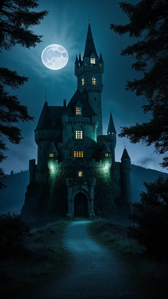 movie scene. Escena nocturna. Old castle on top of the mountain with gothic look. Ambiente color azul oscuro. Neblina blanca. BOsque oscuro alrededor