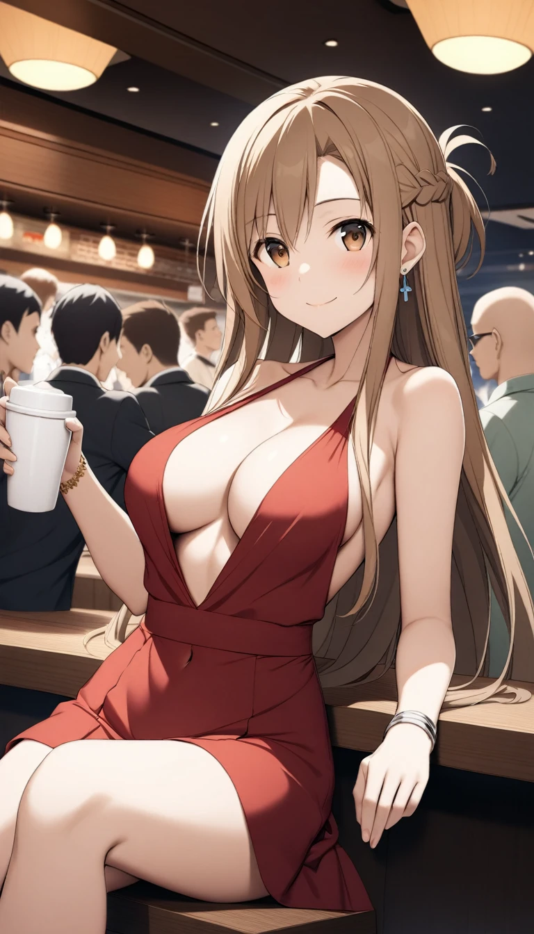 1girl,asuna,asuna \(sao-alo\), sword art online,yuuki asuna, brown eyes, brown hair, long hair, bangs, braid,sitting, holding cup, smile,closed mouth,large breasts,brown hair,parted hair,long hair,red dress,halter dress,plunging neckline,center opening,cleavage,navel,earrings,bracelet,people,multiple boys,restaurant,