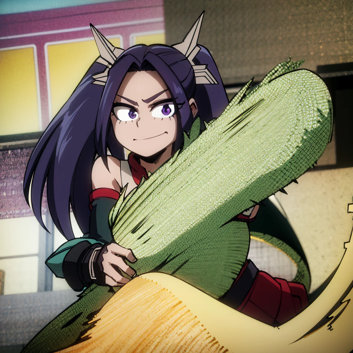 1girl, female focus, aria blaze, boku no hero academia, masterpiece, best quality, very aesthetic, absurdres, twintails hair, purple hair, lavender eyes, smirk, female hero costume