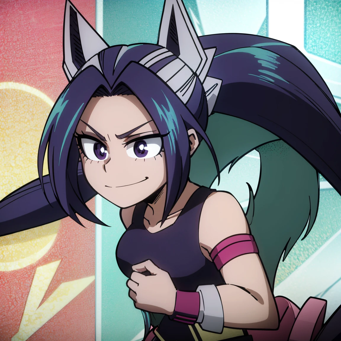 1girl, female focus, aria blaze, boku no hero academia, masterpiece, best quality, very aesthetic, absurdres, twintails hair, purple hair, lavender eyes, smirk, female hero costume