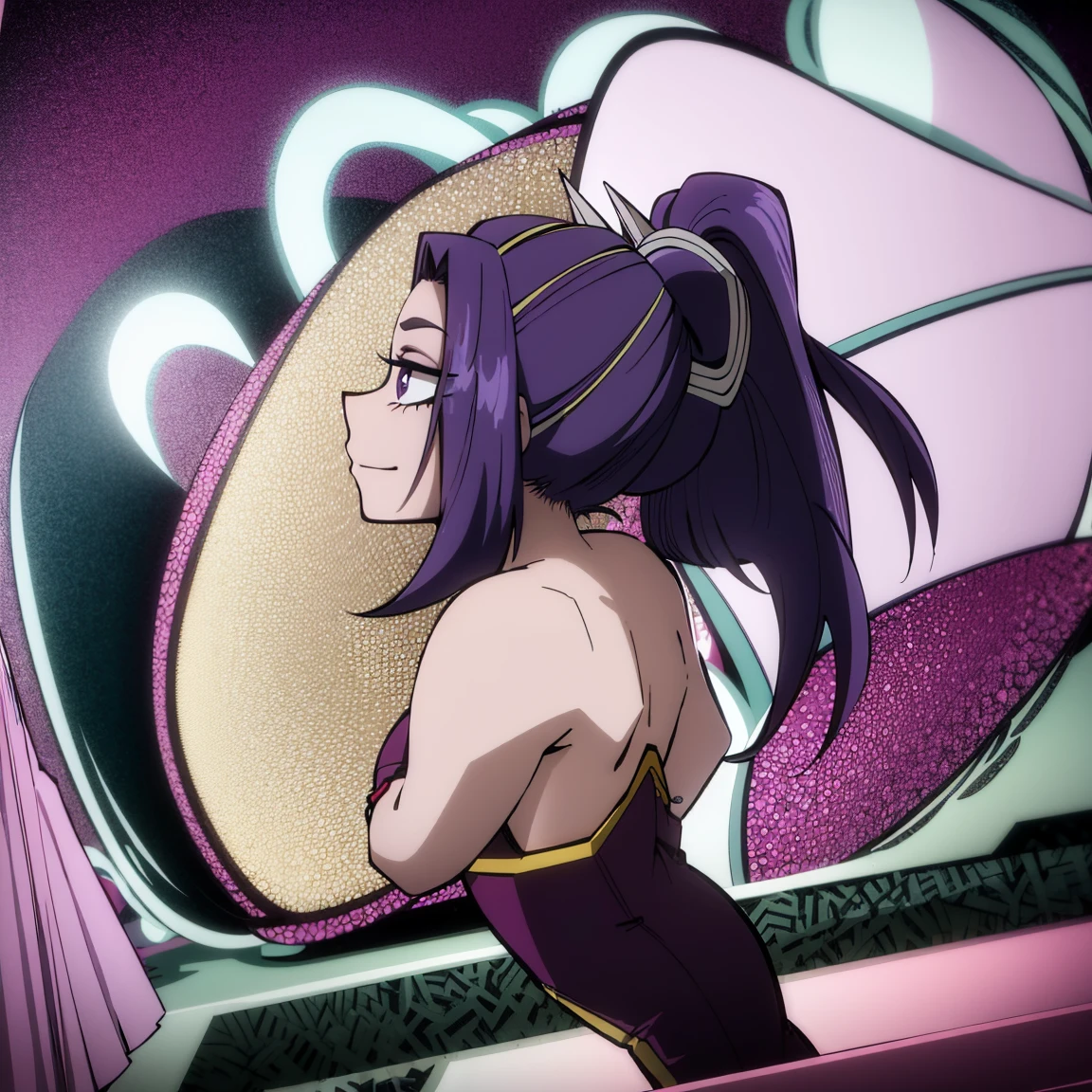 1girl, female focus, aria blaze, boku no hero academia, masterpiece, best quality, very aesthetic, absurdres, twintails hair, purple hair, lavender eyes, smirk, female hero costume