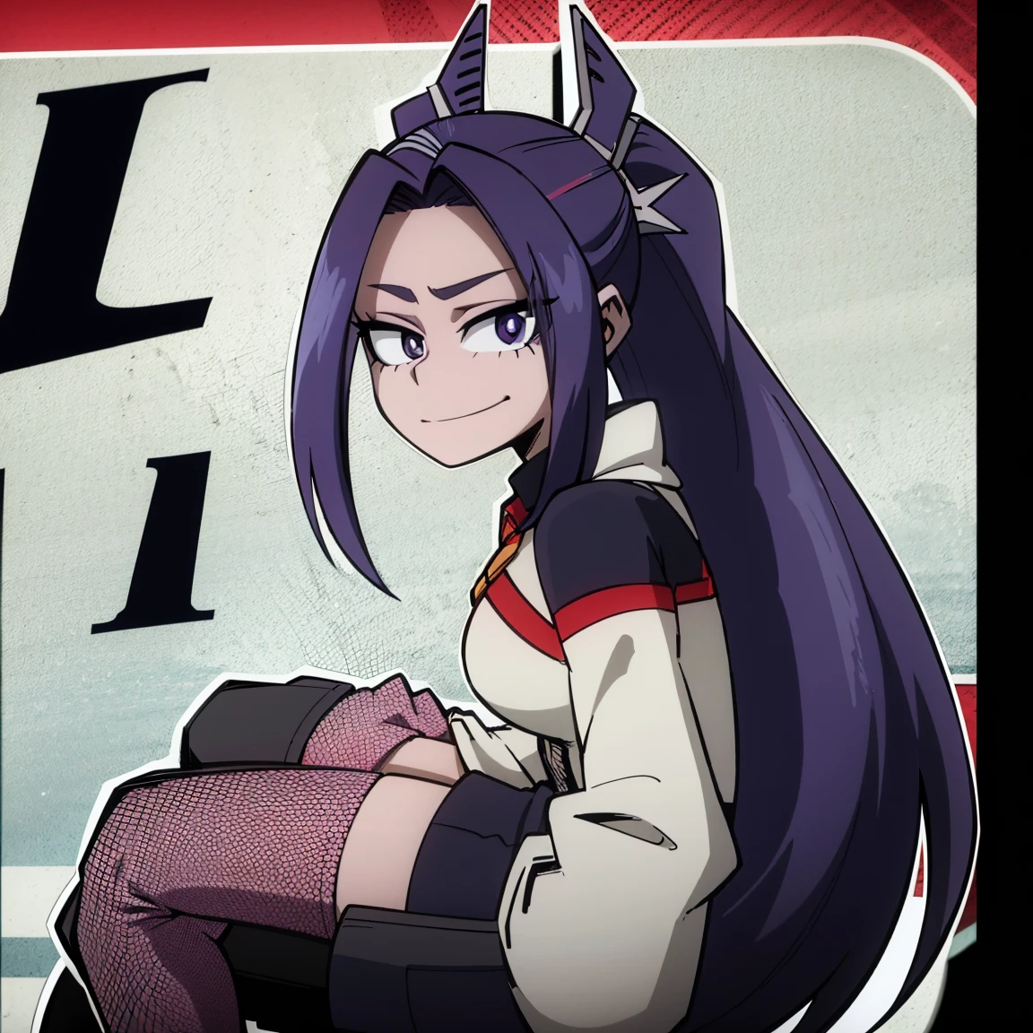 1girl, female focus, aria blaze, boku no hero academia, masterpiece, best quality, very aesthetic, absurdres, twintails hair, purple hair, lavender eyes, smirk, female hero costume