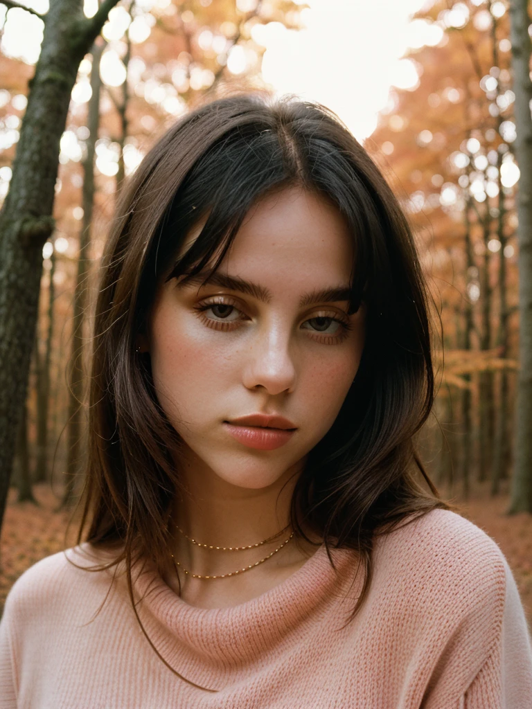 Elegant Minimalistic Photography, 1990s, (beautiful) Model wearing a pink jumper, Red Autumn Forest Background, Natural Lighting, chaos, minimalist, close-up portrait photo, (shot on Portra 400).
