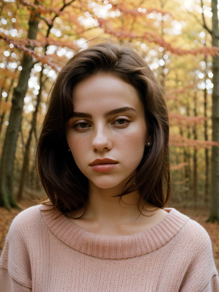Elegant Minimalistic Photography, 1990s, (beautiful) Model wearing a pink jumper, Red Autumn Forest Background, Natural Lighting, chaos, minimalist, close-up portrait photo, (shot on Portra 400).